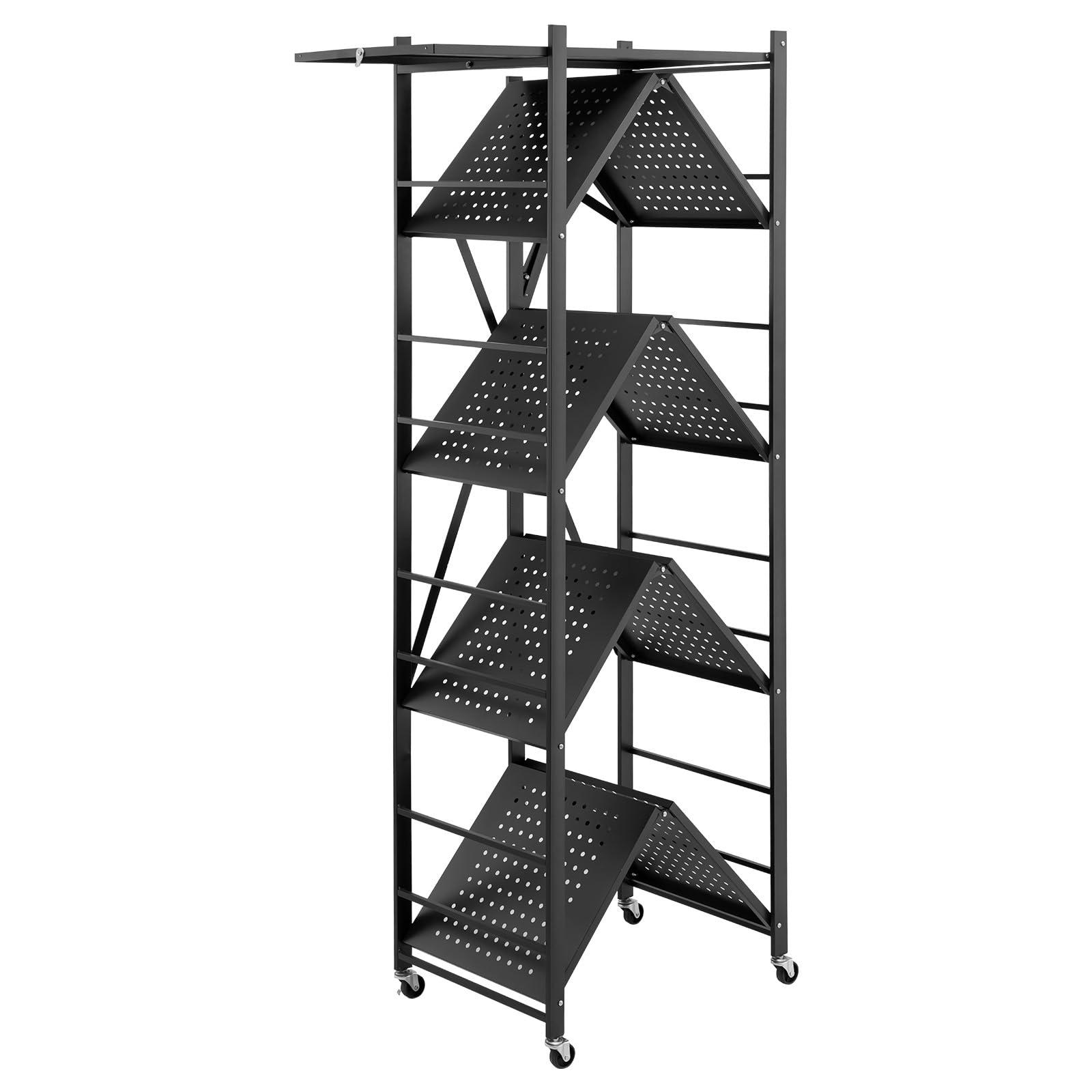 VEVOR Scaffale Portaoggetti Pieghevole a 5 Ripiani con Ruote, Scaffale in Metallo Pieghevole, Robusto Resistente Senza Montaggio, Ideale per Garage, Cucina, Cantina Nero 380 x 710 x 1630 mm
