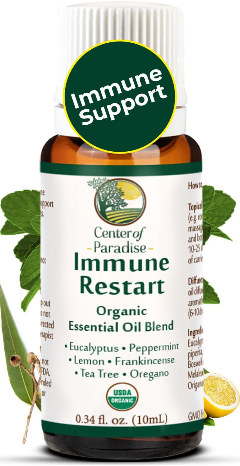 Center of Paradise Immune Restart Organic Essential Oil Blend for Immune Support* (10 ml) – USDA Certified & Non-GMO Blend of Eucalyptus, Peppermint, Tea Tree, Lemon, Frankincense & Oregano Oils Center of Paradise Immune Restart Organic Essential Oil Blend for Immune Support* (10 ml) – USDA Certified & Non-GMO Blend of Eucalyptus, Peppermint, Tea Tree, Lemon, Frankincense & Oregano Oils