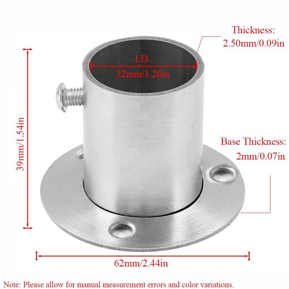 Set di 4 supporti con flangia da 32 mm, in acciaio inox, per fissaggio e stabilità del tubo