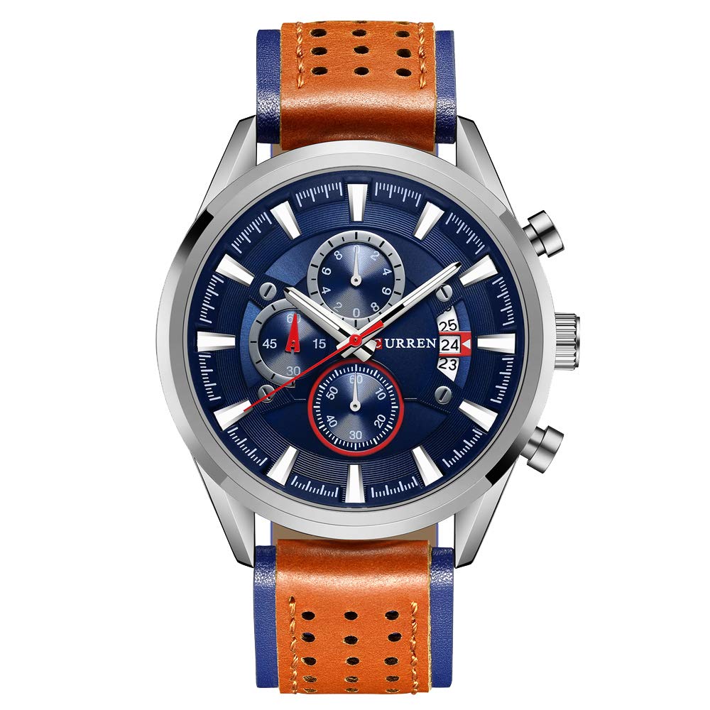 CURREN8290 Leather Round Analog-Chrono With Date Display Brown, Blue Watch for Men