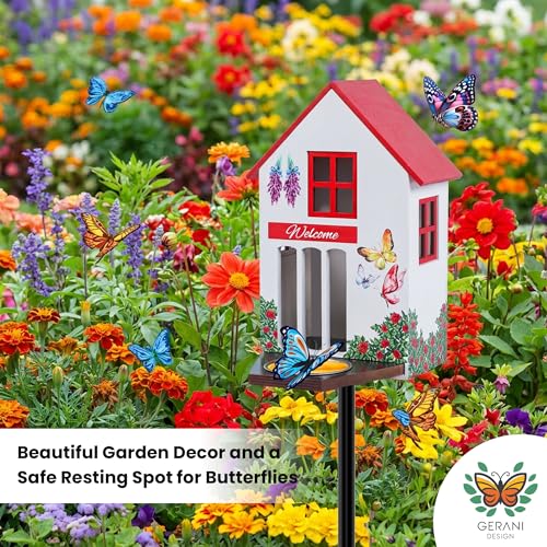 Image of Butterfly House and Feeder for Outside - Wooden Butterfly Shelter with Metal Stake for Garden - 3 Mount Options - Weatherproof - Easy Cleaning - Butterfly Habitat & Garden Decor