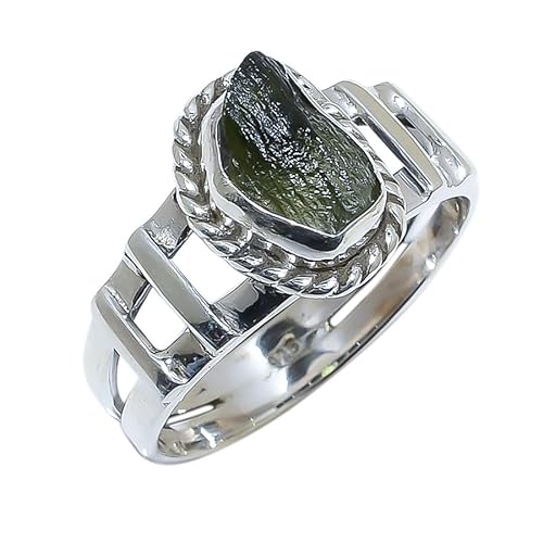 Anika Jewellers Moldavite Natural Rough Ring 925 Sterling Silver Handmade Jewelry With Certified Gemstone Handmade Rings (6.5)