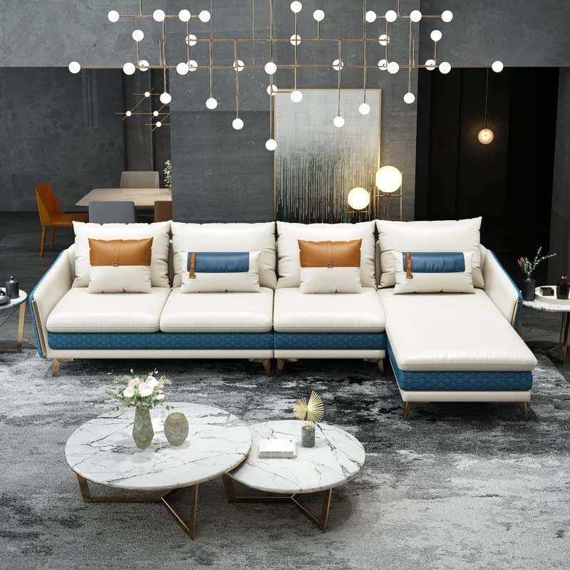 Image of Sofa Set T&T Co. Unique Verstile Design 3 Seater Sofa and 1 Chaise Luxury Imperia Collection Cushion Back with Upholstered Soft Touch Premium Leatherette for Living Room Loung (Blue & White)