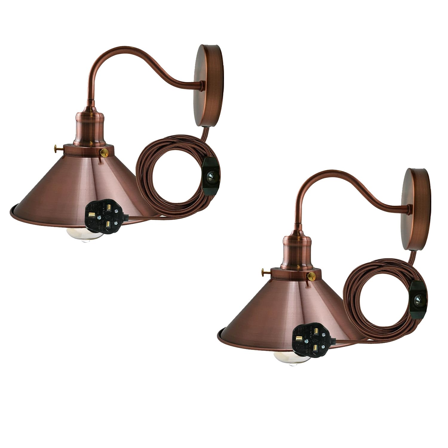 LEDSone 2 Pack Retro Industrial Wall Sconce Light Plug-in Lamp with Swan Neck Arm On/Off Switch Cone Lamp Shade Adjustable Wall Light for Living Room Bedroom Hallway Office
