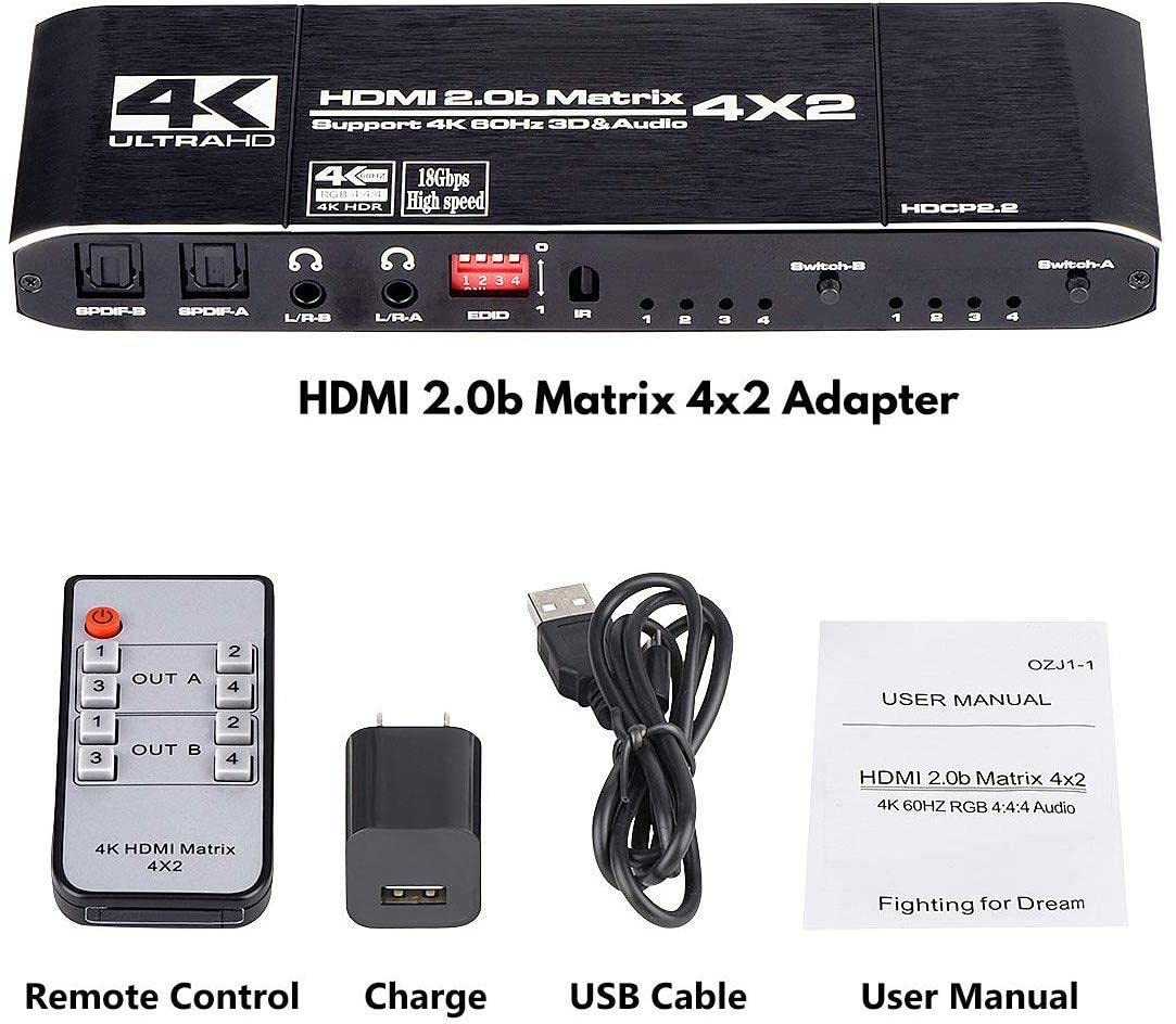 HDMI Matrix 4x2 4K @ 60Hz HDR Switch Splitter 4 en 2 Sorties YUV 4：4：4 Optique SPDIF + Jack 3.5mm Extracteur Audio Commutateur HDMI