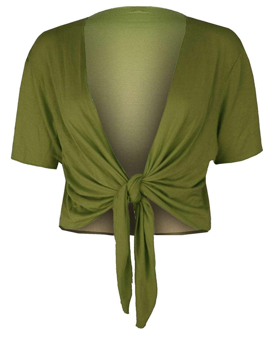 Fashion's Island Women's Khaki Tie Up Front Short Sleeve Plain Bolero Cropped Shrug Cardigan Top