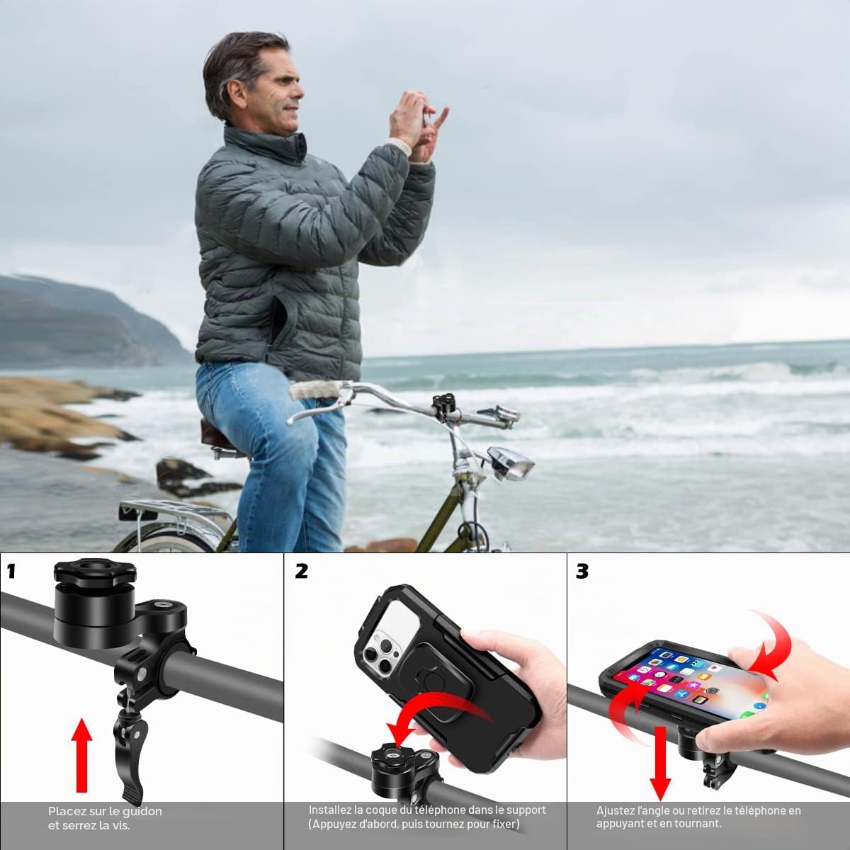 REETEE Support Telephone Velo Moto Etanche, Universel Ecran Tactile Support Smartphone Vélo 360°Rotation Anti-Vibrations Support Guidon Housse de Téléphone pour 4,7-6,8 Pouces Smartphones (Noir,L)