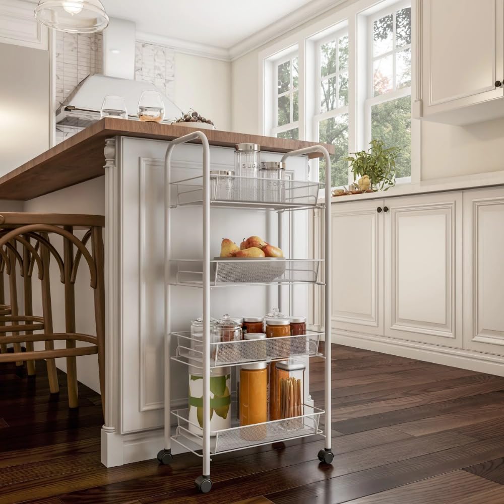Carrelli di servizio Carrello con ruote stretto a 4 livelli for riporre oggetti in casa e in ufficio (bianco) di servizio vassoio rimovibile da bar cucina rotelle Organizzazione