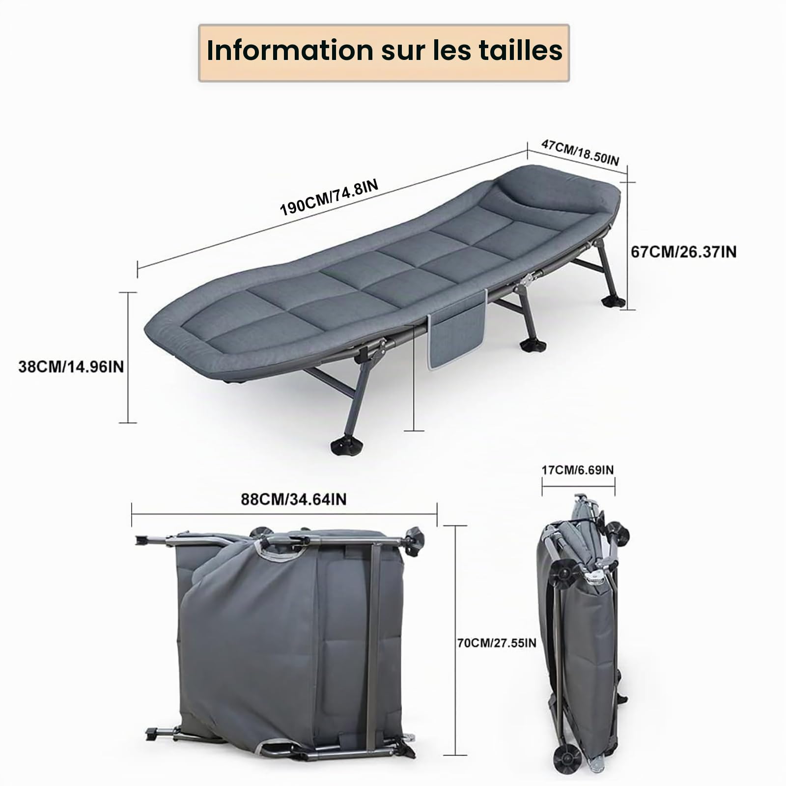 Chaise Longue de Jardin Pliante, Lit de Camping Pliable, Transat Jardin 6 Pattes, Chaises Longues 190x67x38cm pour Voyages, Extérieur, Plage (Gris)