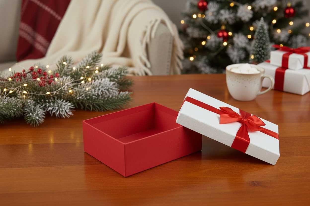 Scatole regalo rigide, scatola rossa con coperchio color crema, fiocco decorativo in raso e carta triturata - Italia