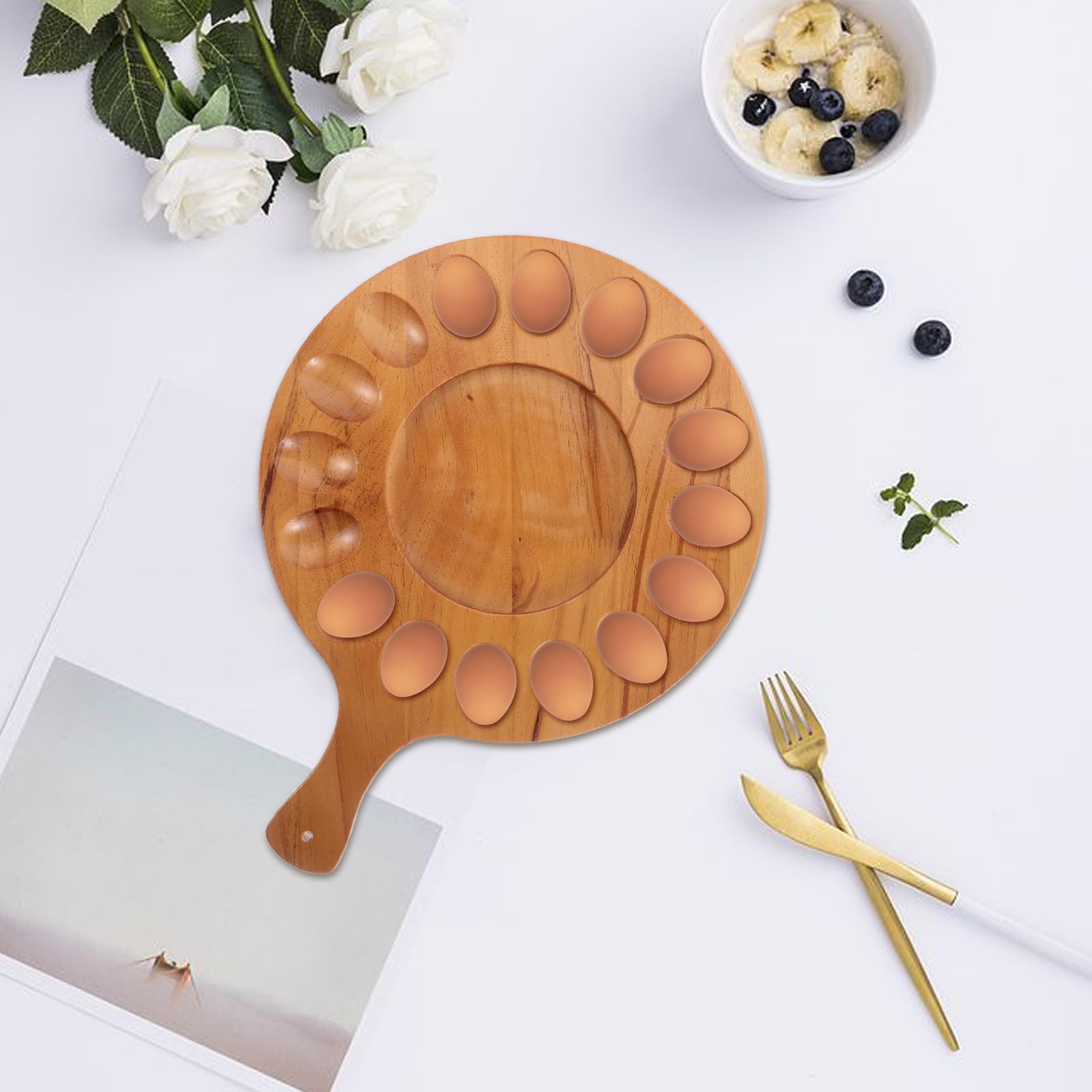 Organizador de Huevos de Madera para Encimera Diseño Creativo y 16 Compartimentos, Bandeja Pulida y Estilizada para Exhibir Huevos Rellenos en Cocina
