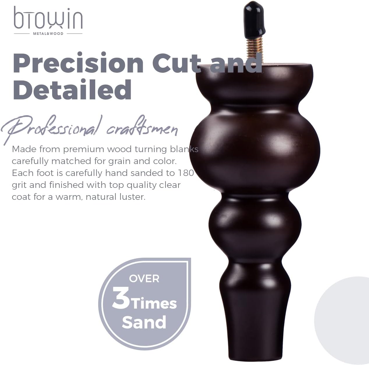 Btowin 9 inch Solid Wood Furniture Legs, 4Pcs Large Turned Walnut Wooden Bun Feet with Threaded M8 Hanger Bolts & Mounting Plate & Screws for Sofa Couch Ottoman TV Stand Bed