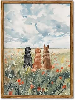 Framed Dog Canvas Wall Art, Cute Three Dogs in Flower Field Pictures Wall Decor, Rustic Farmhouse Animal Nature Paintings Prints Home Decor for Living Room Bedroom Bathroom 12x16 inch