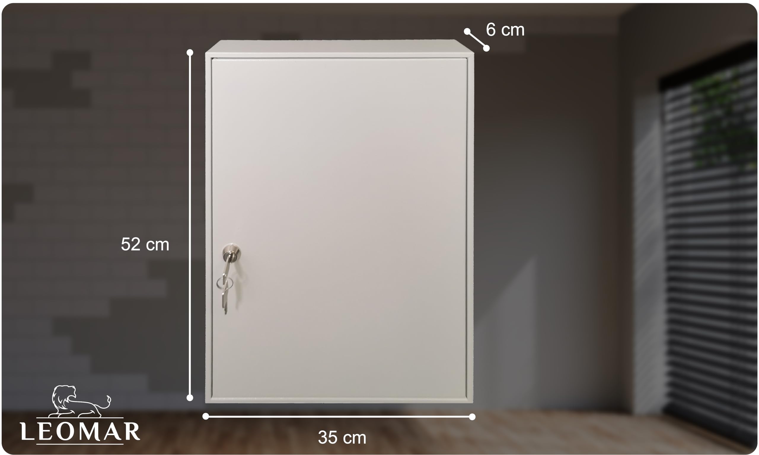 LEOMAR Armario para Llaves, Caja con 100 Ganchos, de Chapa de Acero, con Tiras de Ganchos Fijas, para Montaje en Pared, con Cerradura, con Material de Montaje, 6 x 35 x 52 cm