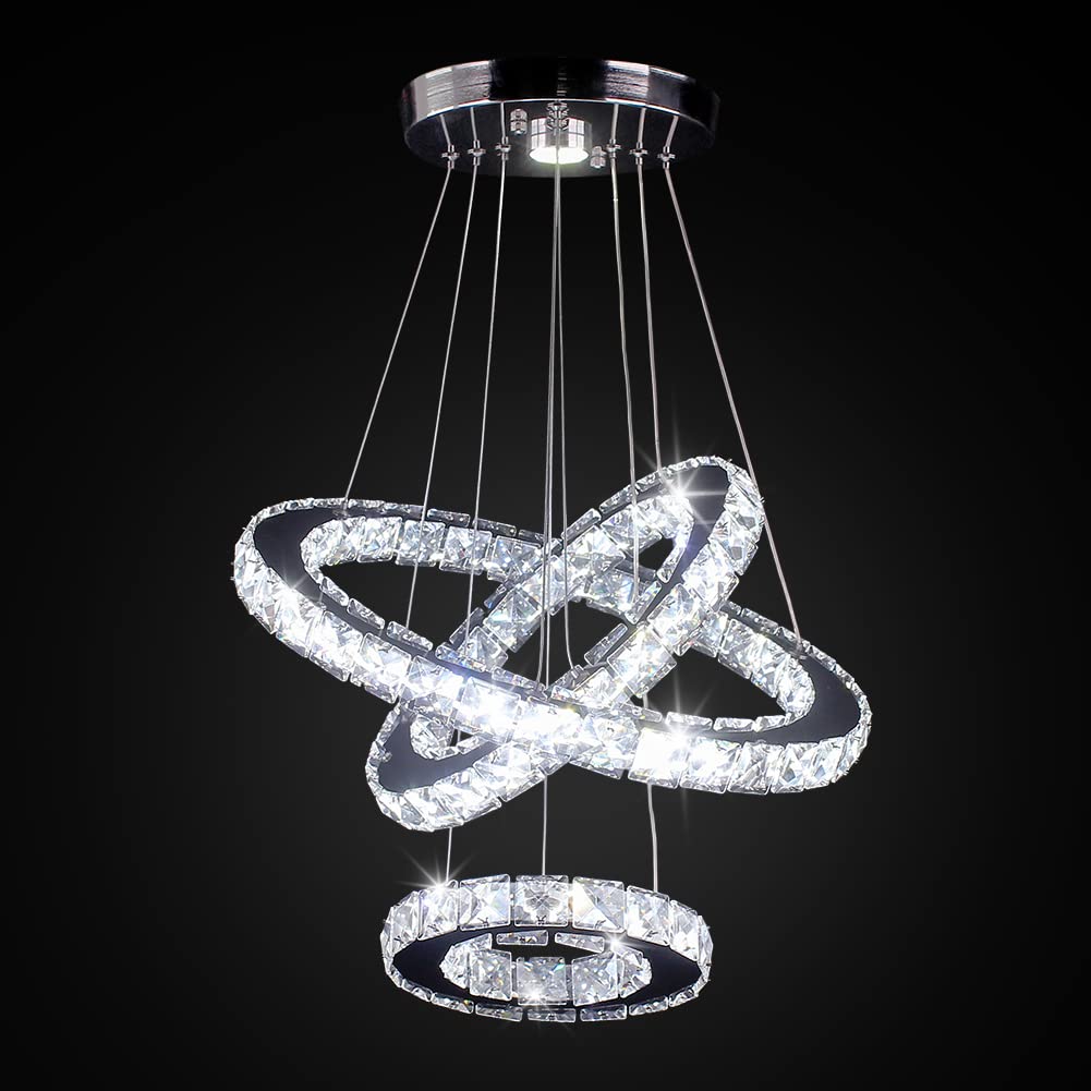 Cristal Moderno Lámparas de araña 3 Anillos Ronda LED Lámpara de araña Accesorios DIY Iluminación Colgante Lámpara de techo ajustable para Comedor Dormitorio Sala de estar (Cool White)