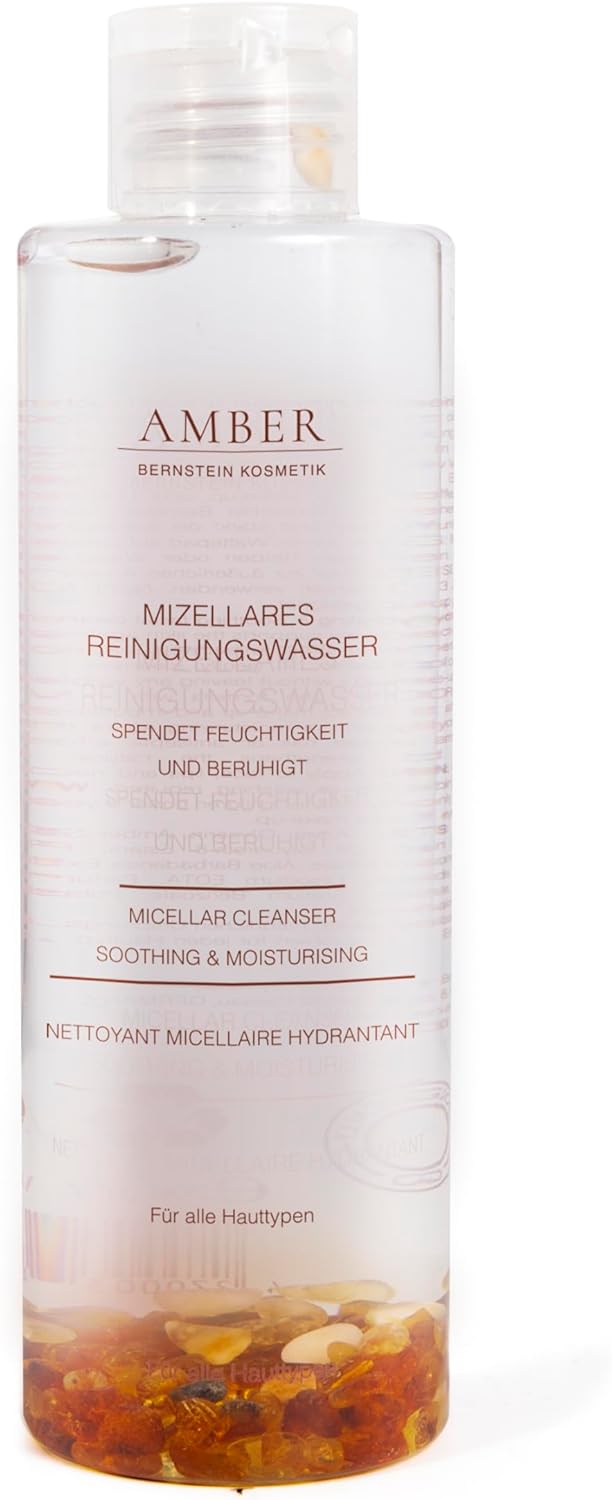 Amber micellair reinigingswater met echte barnstenen, 200 ml; gepatenteerde cellulaire activerende formule met barnsteen, aloë, panthenol en arganolie voor een zachte reiniging en zachte make-up