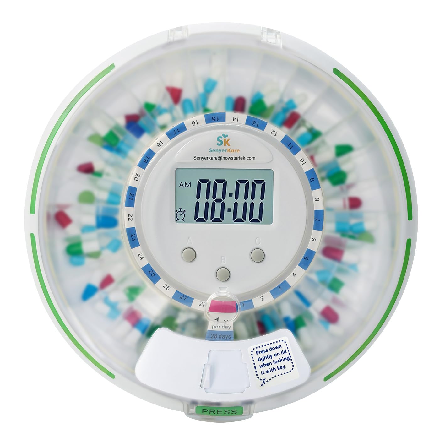 SenyerKare Automatic Pill Dispenser with Alarm, Flashing Light and Sound, 28 Day Pill Dispenser Machine for Elderly, Frosted Lid with Safety Lock,