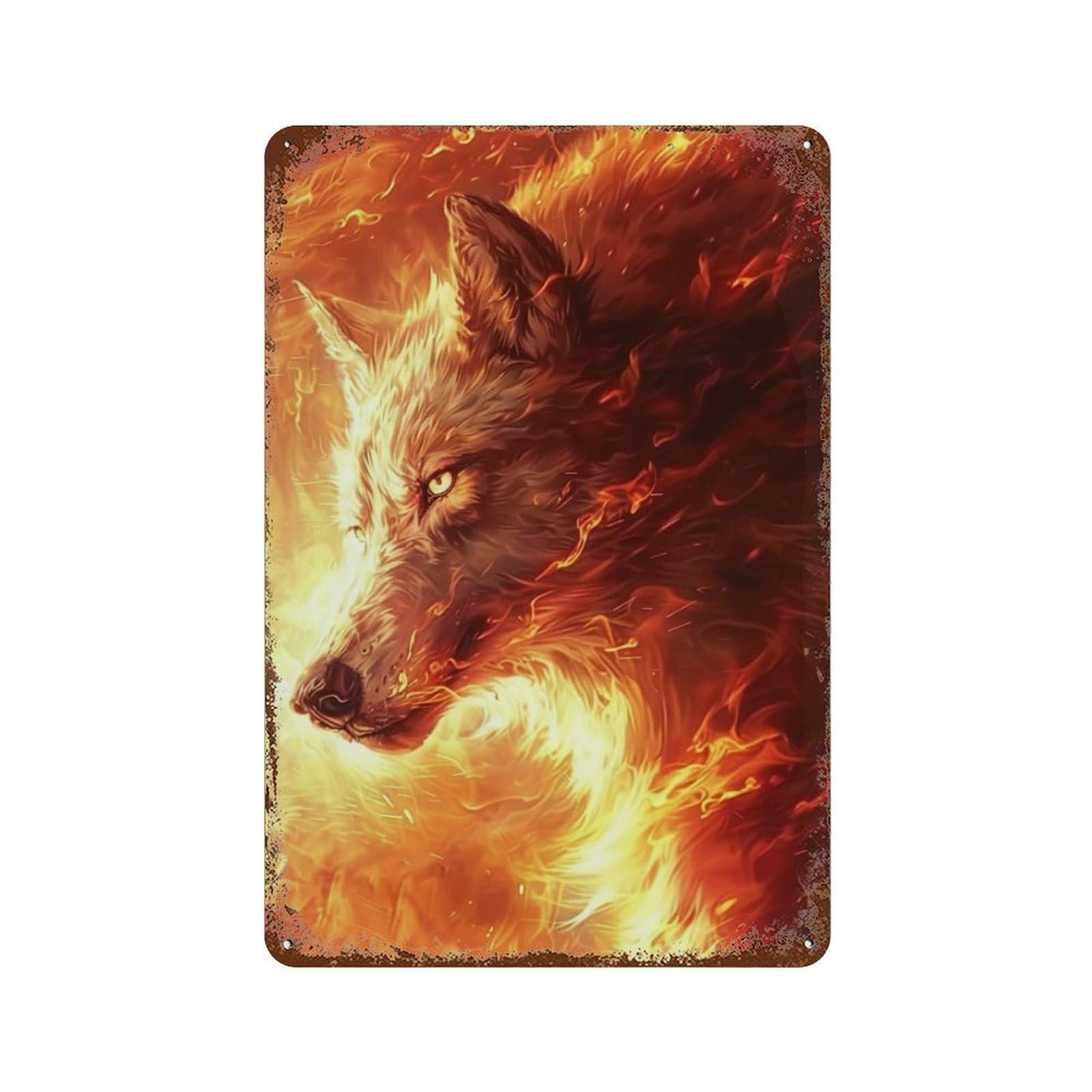 Flaming Wolf Art Print -6 11.8"x7.9" Rustic Tin Plaque, Novelty Wall Decor for Bistro, Counter And Cafe Decor