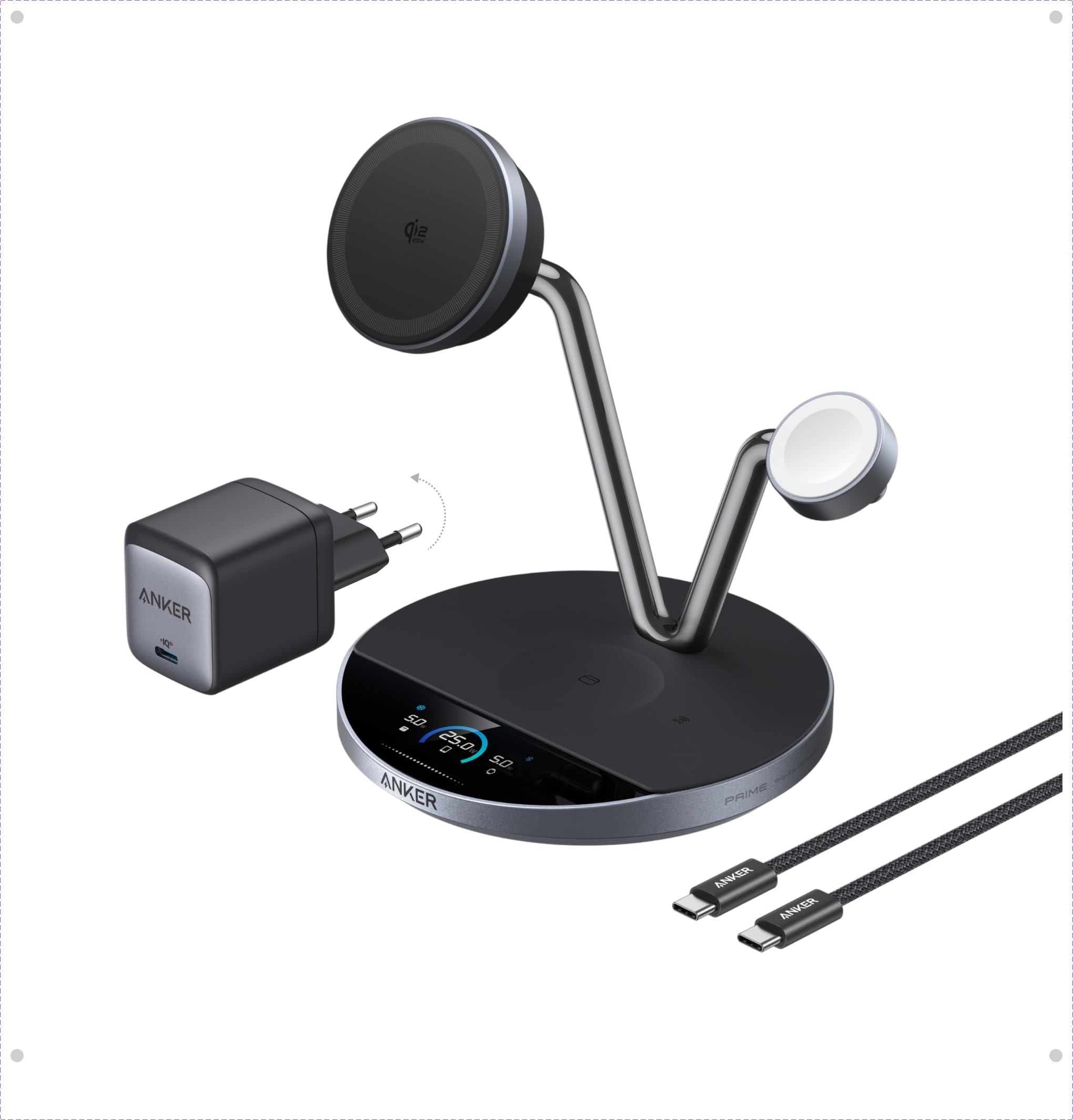 Anker Prime Ładowarka kompatybilna z MagSafe 3-w-1, certyfikowana stacja ładowania bezprzewodowego Qi2 25W z inteligentnym wyświetlaczem i aktywnym chłodzeniem TEC, dla iPhone 17, Apple Watch, AirPods