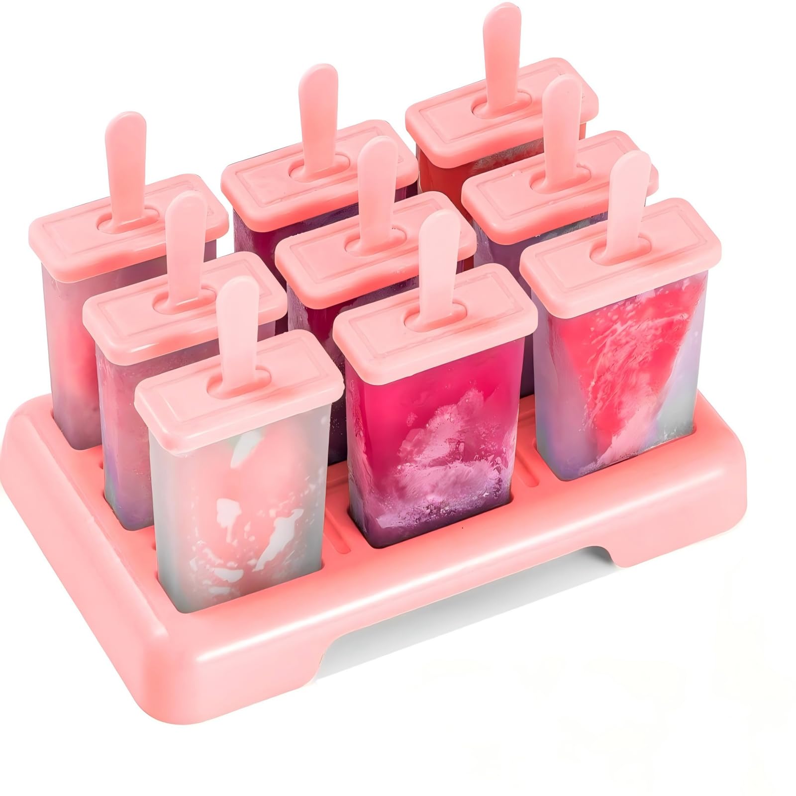 Ice Lolly Moulds 9 Popsicle Molds Reusable Food Grade BPA-Free Ice Pop Moulds, DIY Ideas Ice Lolly Moulds Comes with a Cleaning Brush and Silicone Folding Funnel (Pink)