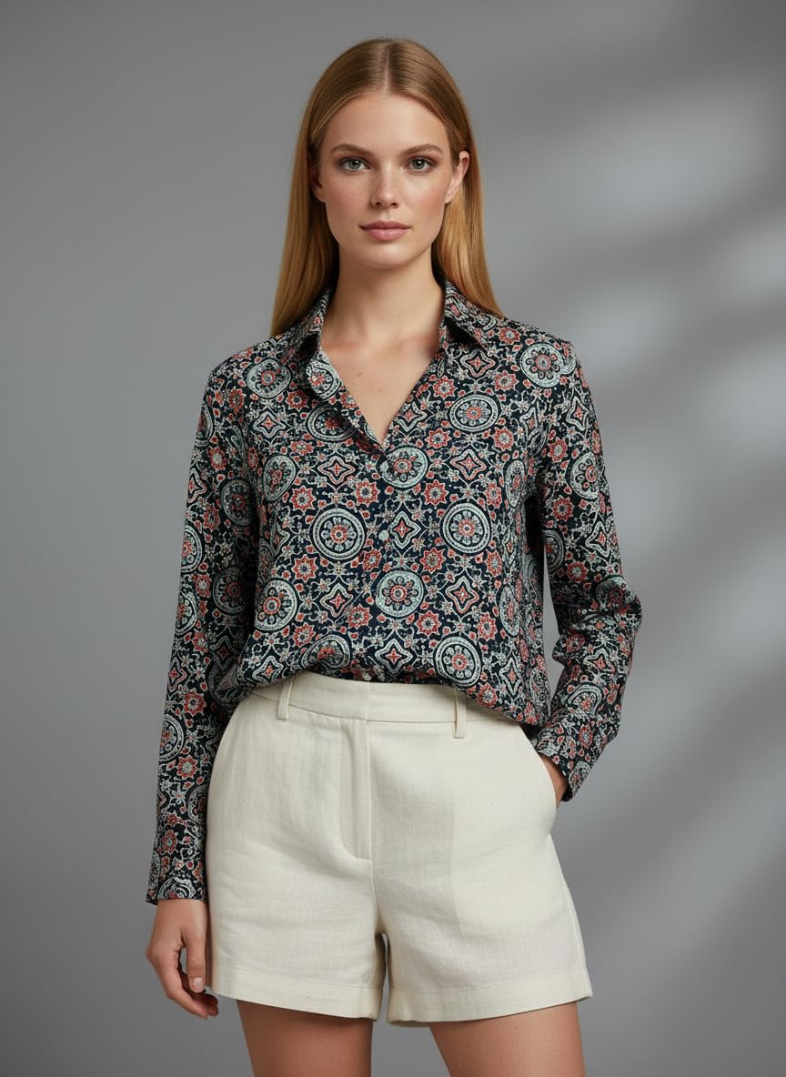 ANNI Designer Bedrucktes Damenhemd aus Baumwollmischgewebe, langärmelig, normale Passform, Hemdkragen, legere Bürokleidung, elegante Western-Kleidung für den Alltag, Hochzeit, Party