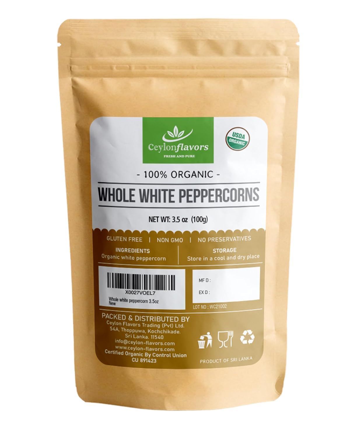 Organic Premium Grade White Peppercorn. Natural Super food enriched with aroma & flavors for cooking and barbeque, 3.5 oz / 100 g