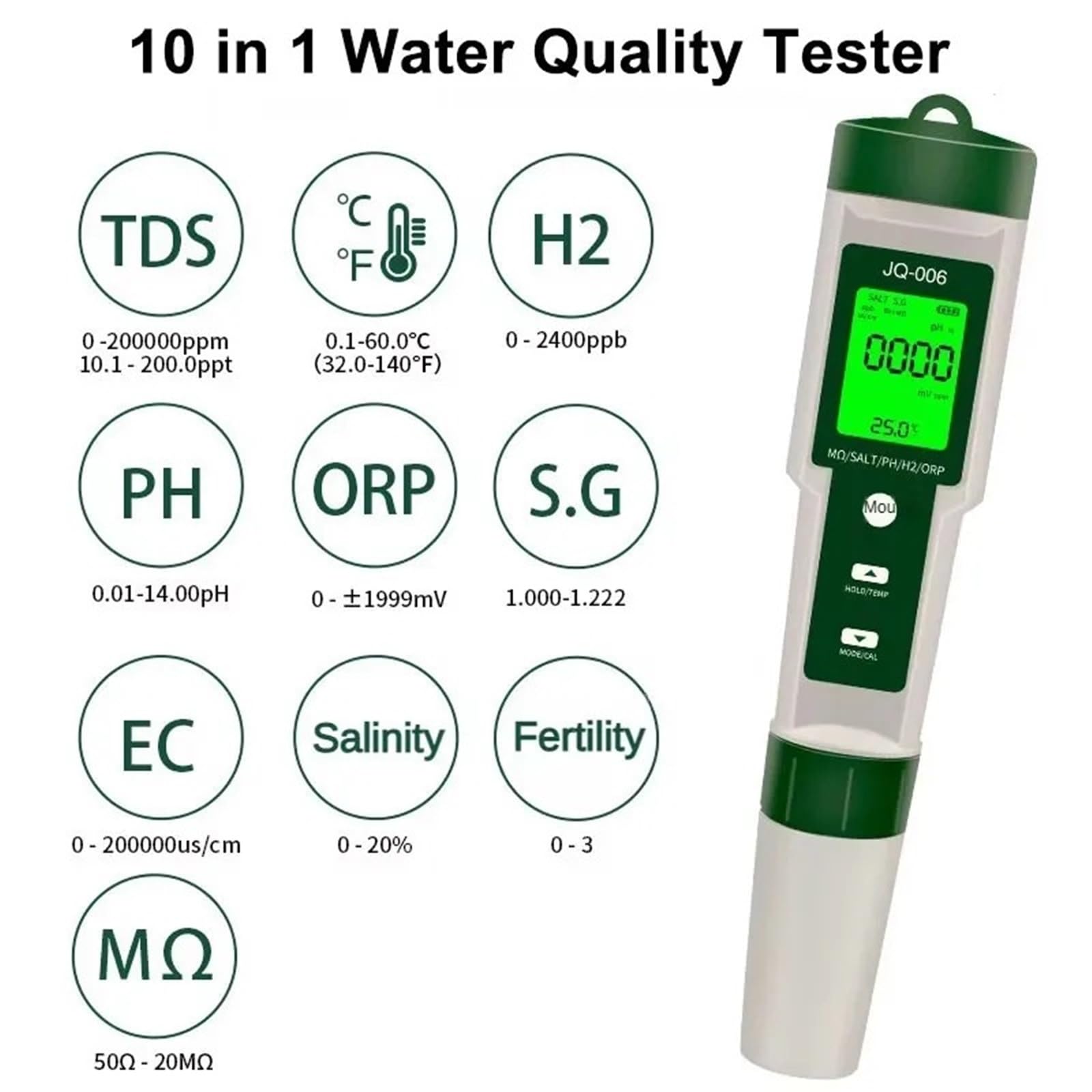 Tester di qualità Acqua 10 in 1 PH/EC/TDS/ORP/H2/Fertile/Salinità/SG/Resistività/Temperatura PH Meter Tester for acquari e Piscine