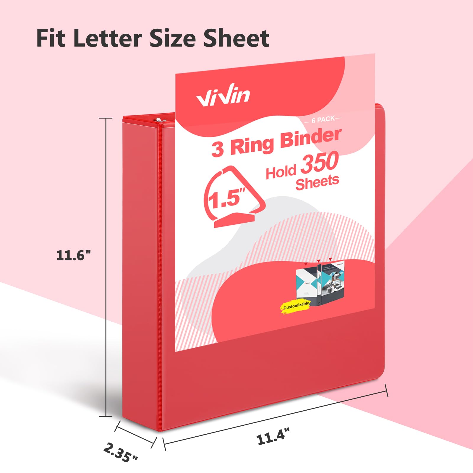 ViVin Robusto raccoglitore a 3 anelli da 3,8 cm con tasche, anello a D inclinato, senza PVC, personalizzabile, contiene 350 fogli di carta da 21,6 x 27,9 cm, confezione da 6 (rosso)