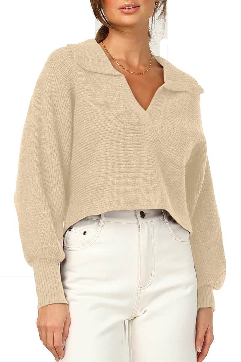 CHYRII Women Overized Puff Long Sleeve V Neck Knitted Polo Pullover Sweater Jumper Tops