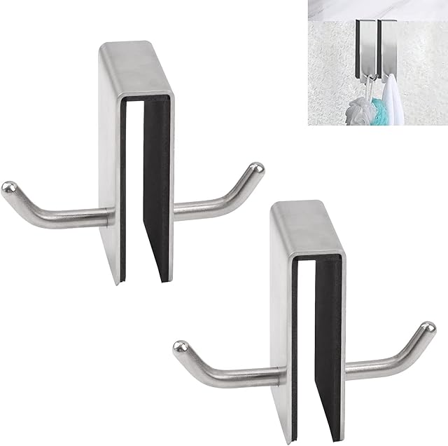 UFURMATE Shower Door Hooks, 2Pcs Stainless Steel Glass Shower Door Double Hooks Frameless Glass Shower Door Hangers Over Glass Door Hooks for Bathroom Towels (Silver)