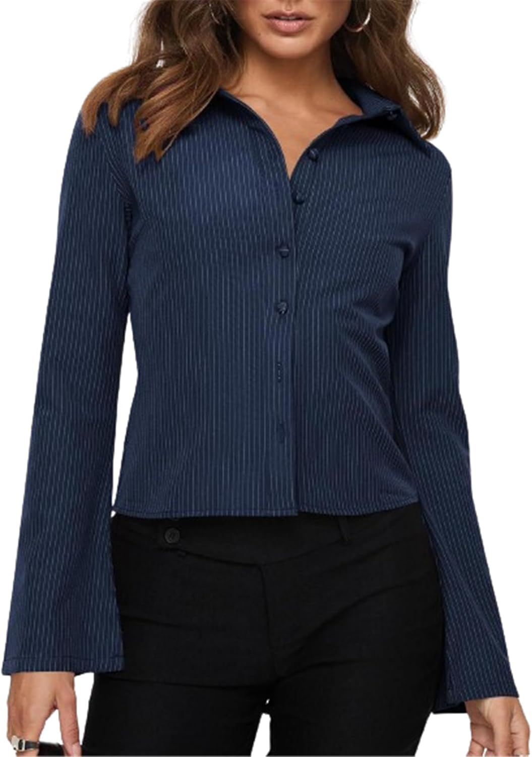 ECHOINE Women Button Down Shirts Long Sleeves Slim Fitted Casual Collared Blouses Work Striped Tops