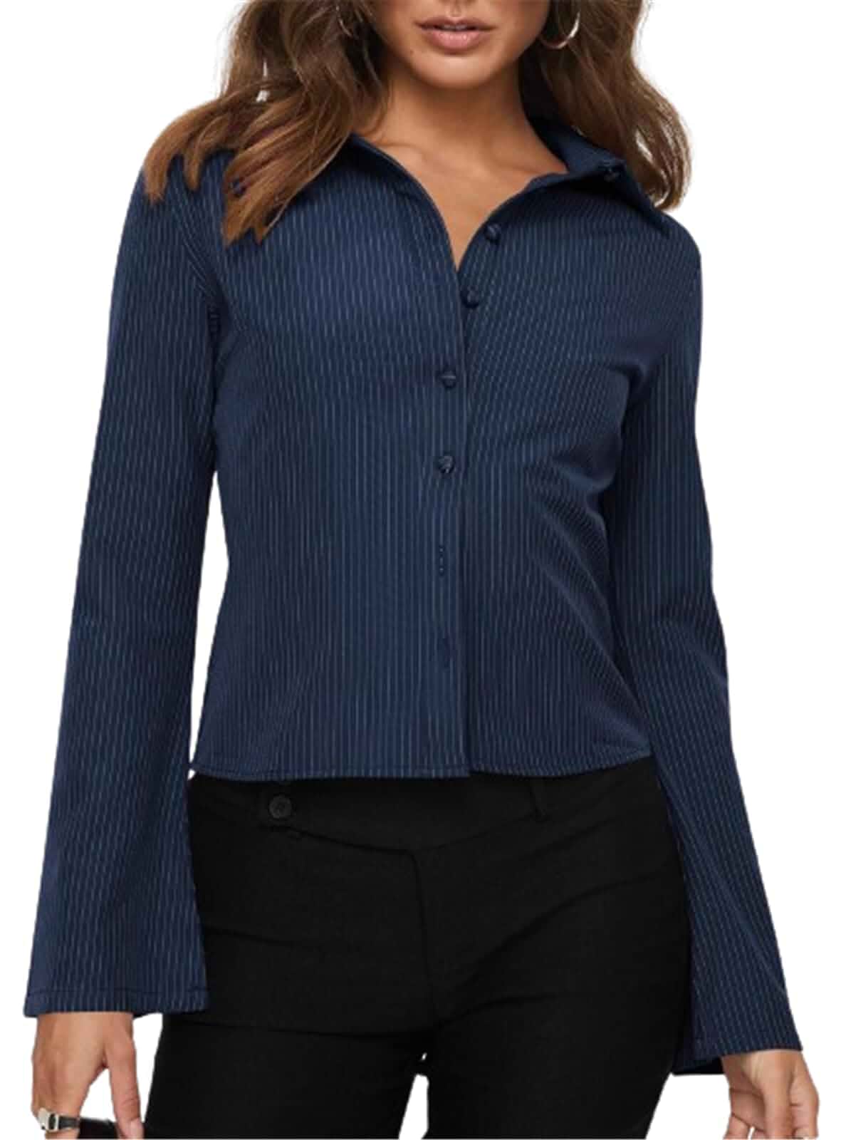 ECHOINE Womens Striped Button Down Shirts Fitted Casual Top Bell Long Sleeve Blouse Spread Collar Tops, Cut Work Office Button Up for Women Classic