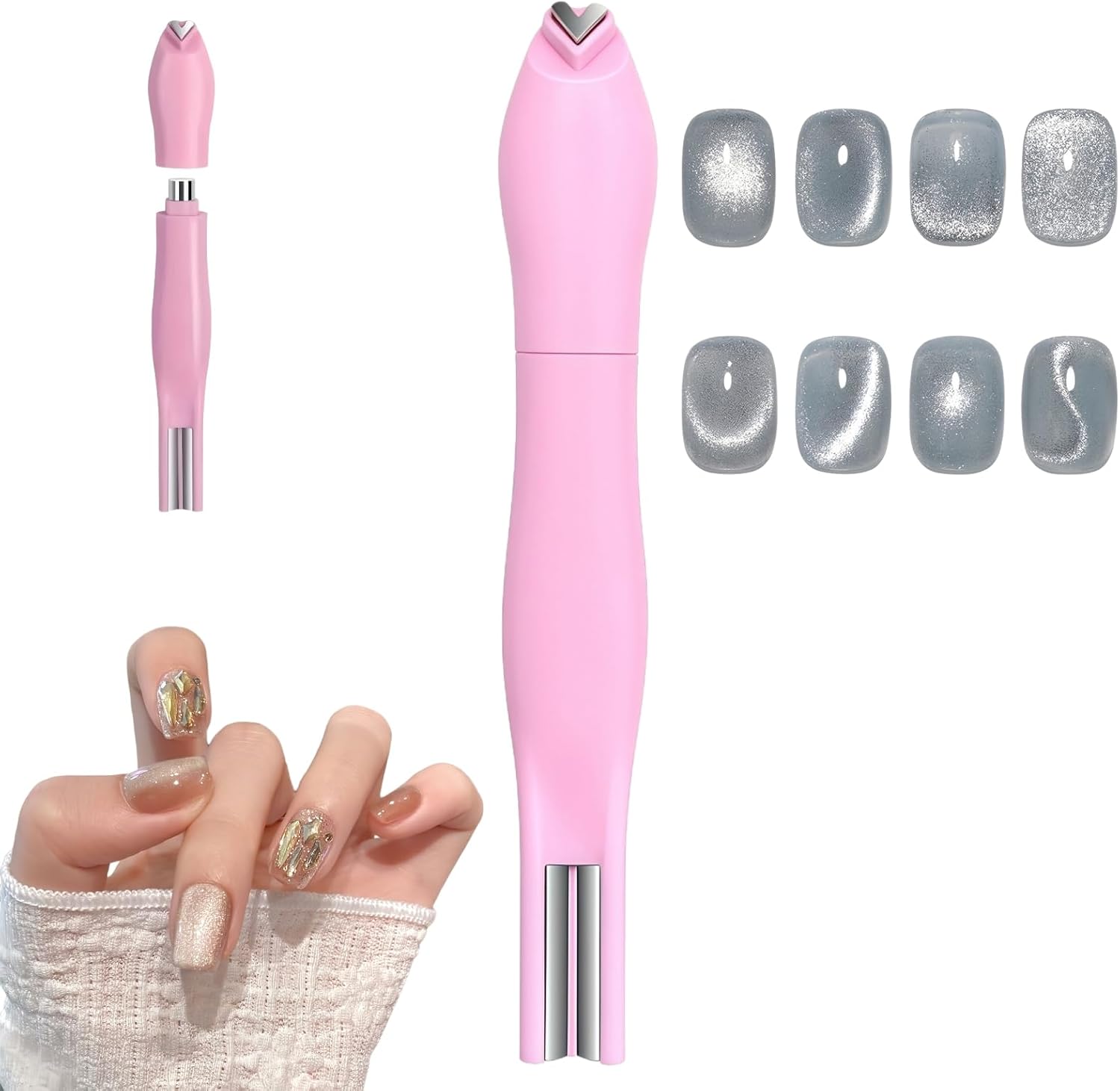 3 in 1 Heart Nail Art Mag/net with Plastic Handle,Cat Eye Mag/net for Nails,Nail Art Tools & Accessories for Cat Eye Gel Polish,Nail Art Mag/net,Mag/netic Nail Polish Applicator for DIY Use PINK