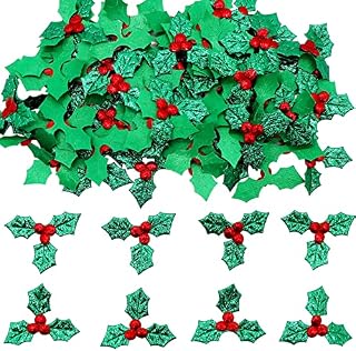 100 Pcs Artificial Holly Berry Leaves, Holly Leaves and Berries for Craft, Mini Triple Leaf Holly Berries Christmas Holly and Berry for Christmas Card, Gift Tags, Table, DIY Craft Decorations