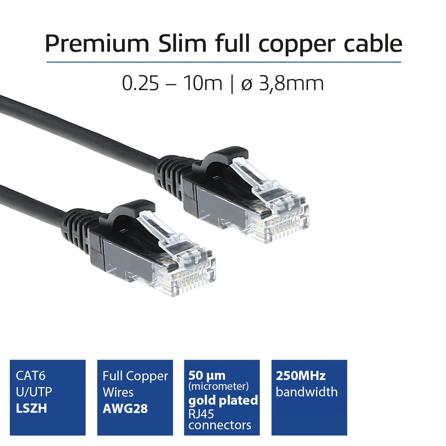 ACT DC9903 Câble réseau CAT6, U/UTP LSZH LAN fin 3,8 mm Slimline, câble Ethernet flexible sans accroc avec fiche RJ45, pour une utilisation dans les centres de données, 3 m, noir