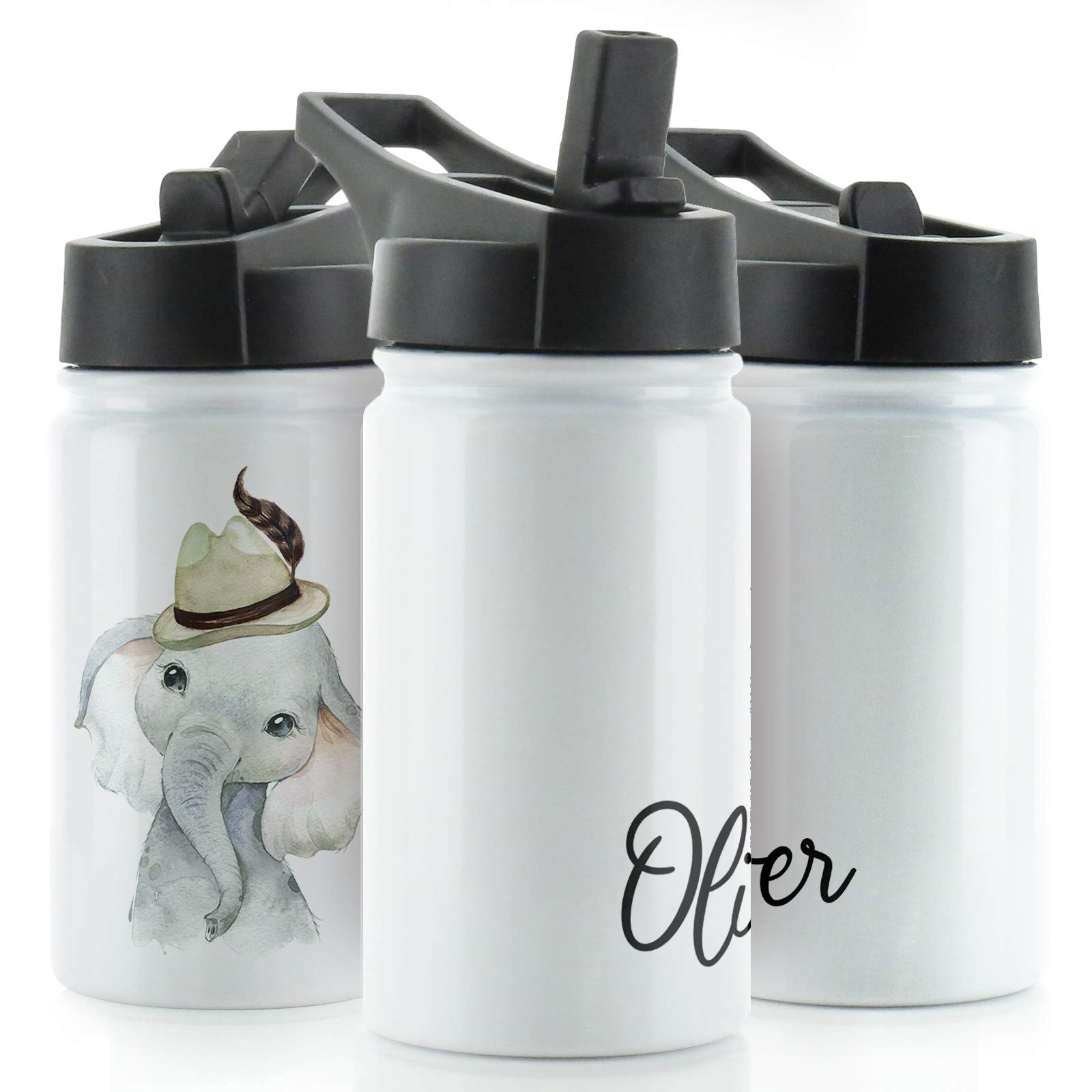 Hairyworm Personalised Water Bottle, 350ml White Sports Flask with Straw Cap Flip Lid, Stainless Steel, Customised with Initial/Name, Grey Elephant Feather Hat Design Print