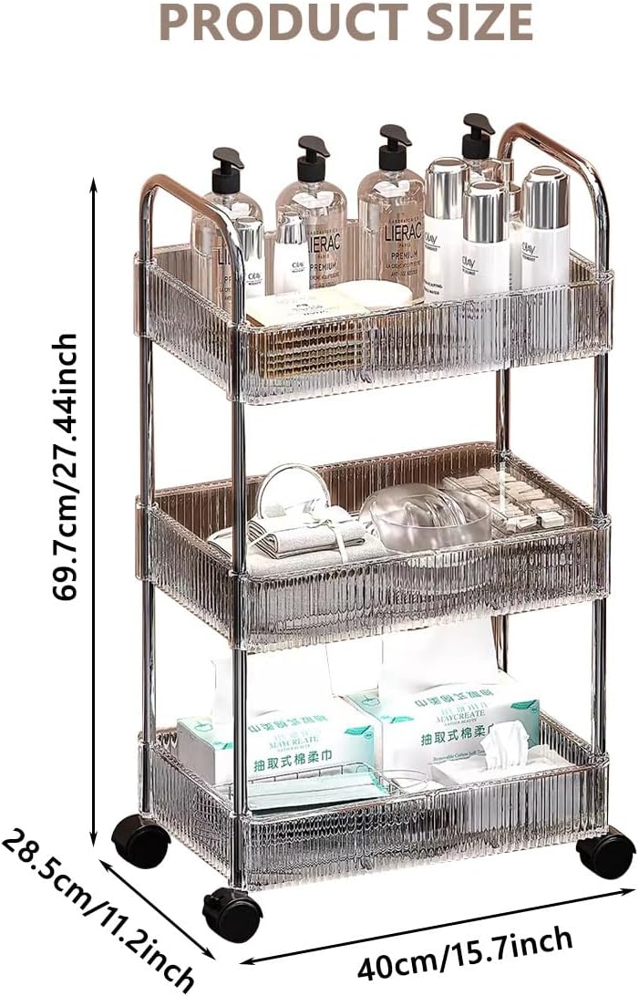 LEIYTFE 3 Tier Bathroom Storage Shelves Mobile Rolling Trolley On Wheels,Slide Out Storage Cart,Utility Cart with Hanging Basket for Cosmetics Storage,Kitchen Trolley (Color : Transparent Green)