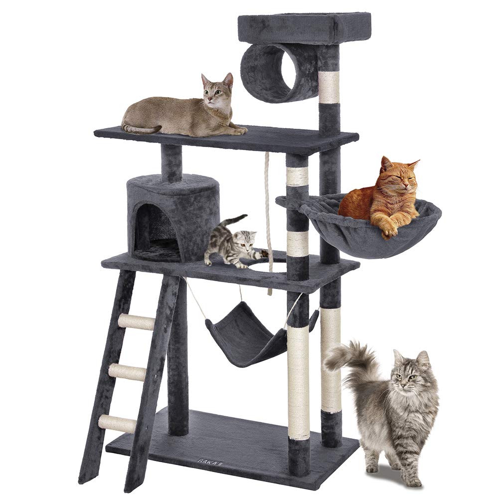 Bakaji Albero Tiragraffi per Gatti in Sisal e Peluche Parco Giochi Gatto con Cuccia Sospesa Nascondigli Pali Graffiatoio e Piattaforme Dimensioni 142 x 74,5 x 40 cm (Grigio)