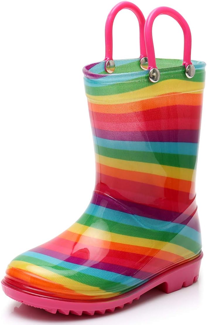 TRIPLE DEER Girl Rainbow Rain Boots Kids Lightweight Cute Waterproof Raining Shoes with Easy-on Handles (Little Kid 3M, pink)