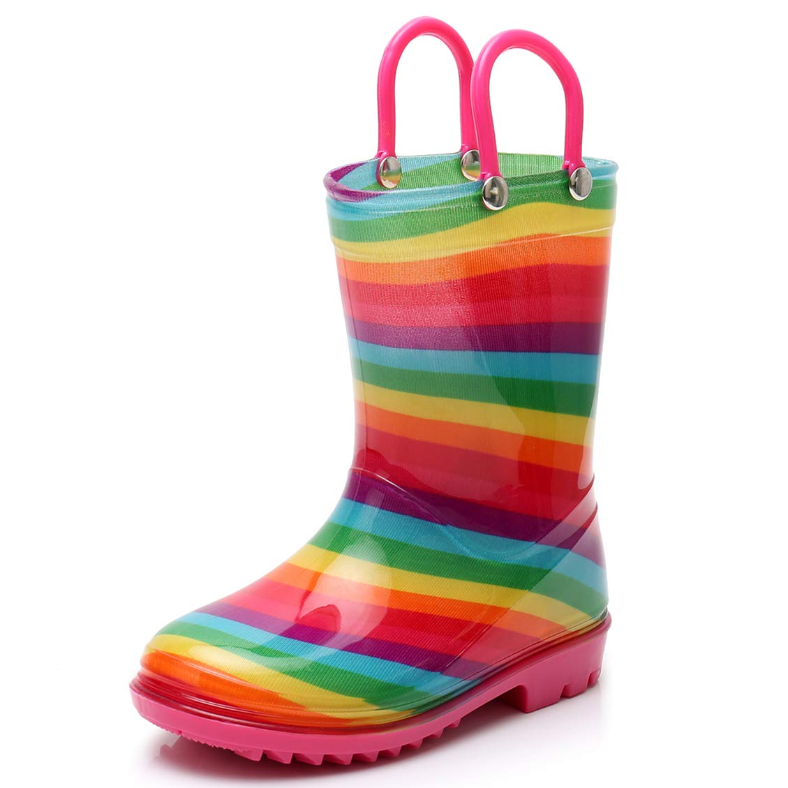 TRIPLE DEER Girl Rainbow Rain Boots Kids Lightweight Cute Waterproof Raining Shoes with Easy-on Handles (Toddler 9M, pink)