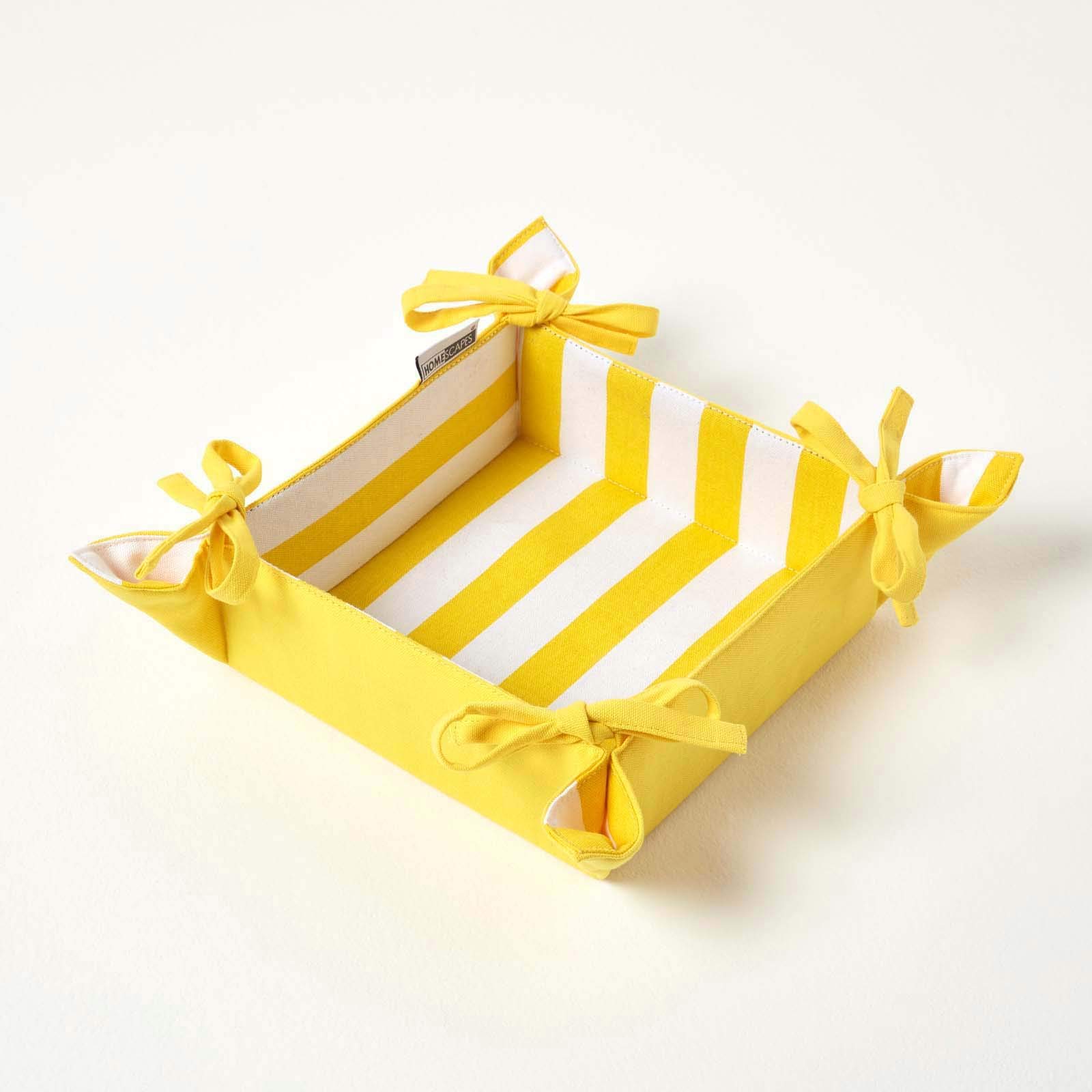 HOMESCAPES Reversible Bread Basket Double Design Fabric Yellow Striped Pattern Foldable Basket for Buns Eggs Baked Goods 100% Cotton Cover