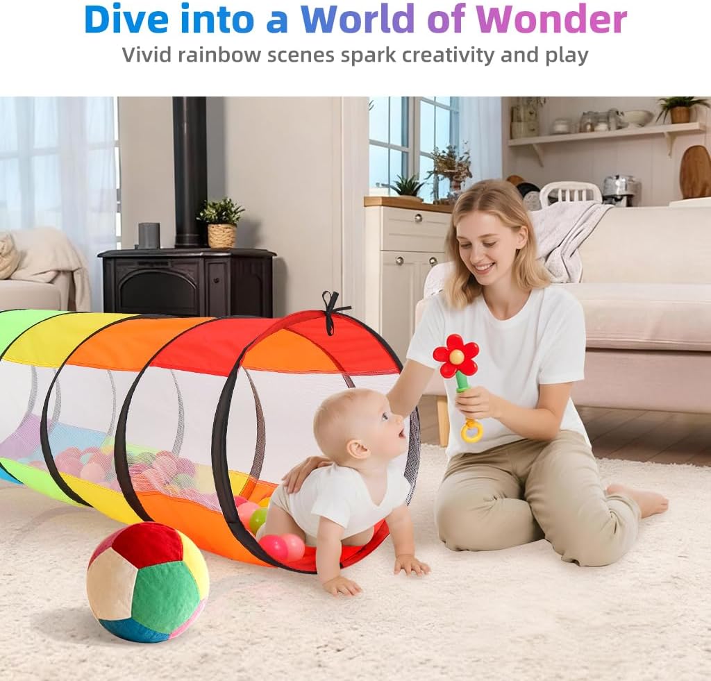 Rainbow Kids Play Tunnel - Toddler Crawl Tunnel for Indoor Active Play, Foldable Baby Tunnel Toy for Boys & Girls, Encourages Crawling & Movement