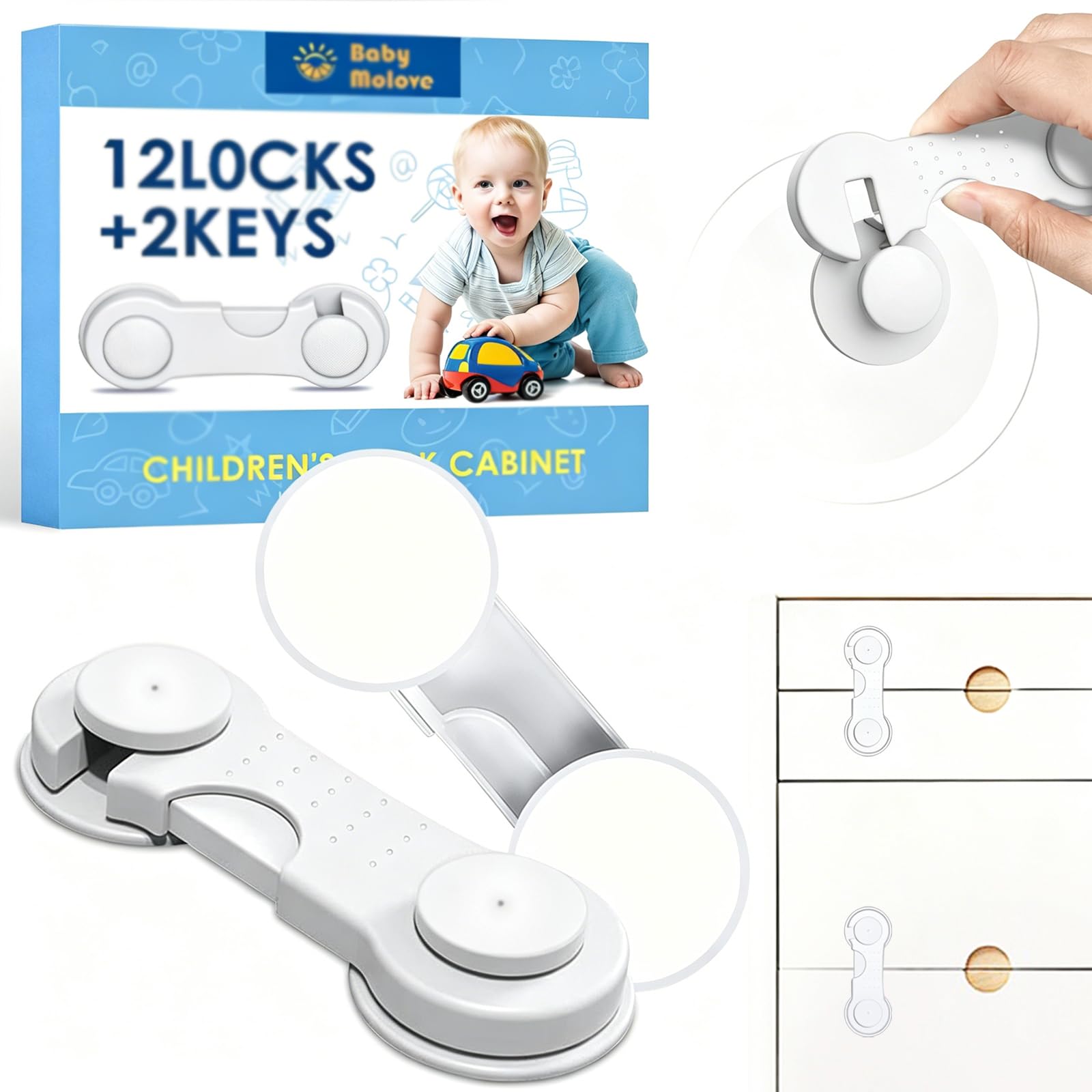 12 Pièces Bloque Porte Bébé, Securite Placard Enfant, Porte Securite Bébé,Porte Securite Bébé pour Meubles, Installation Facile, AdhéSif Fort Sans PerçAge, Blanc