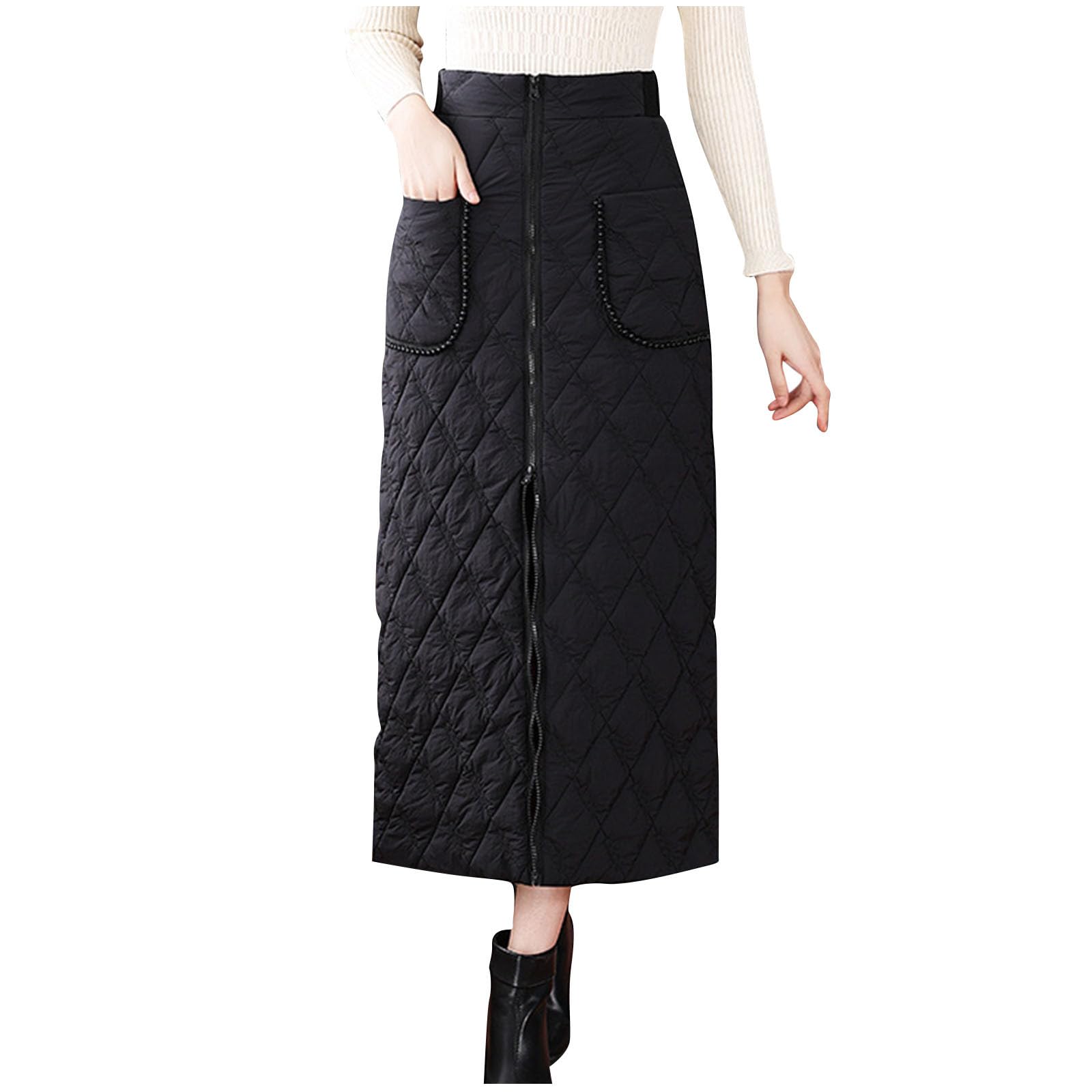 Womens Insulated Long Down Skirt Winter Windproof Warm Padded A-Line Skirt Zip Up Trendy Solid Color Skirts