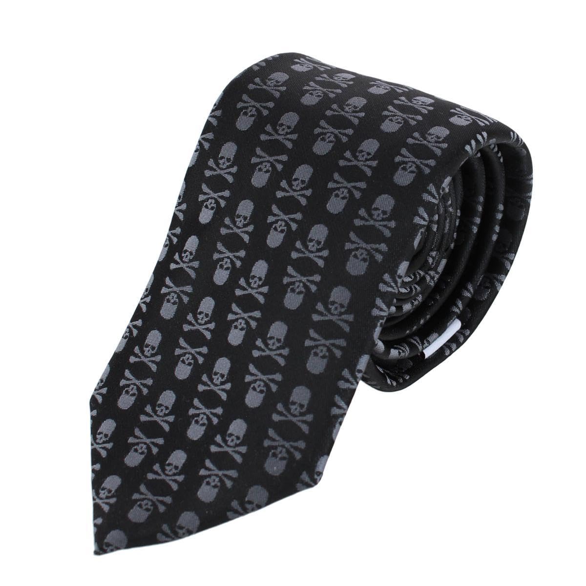 Ascentix Pirate Skull and Crossbones Necktie, Grey on Black