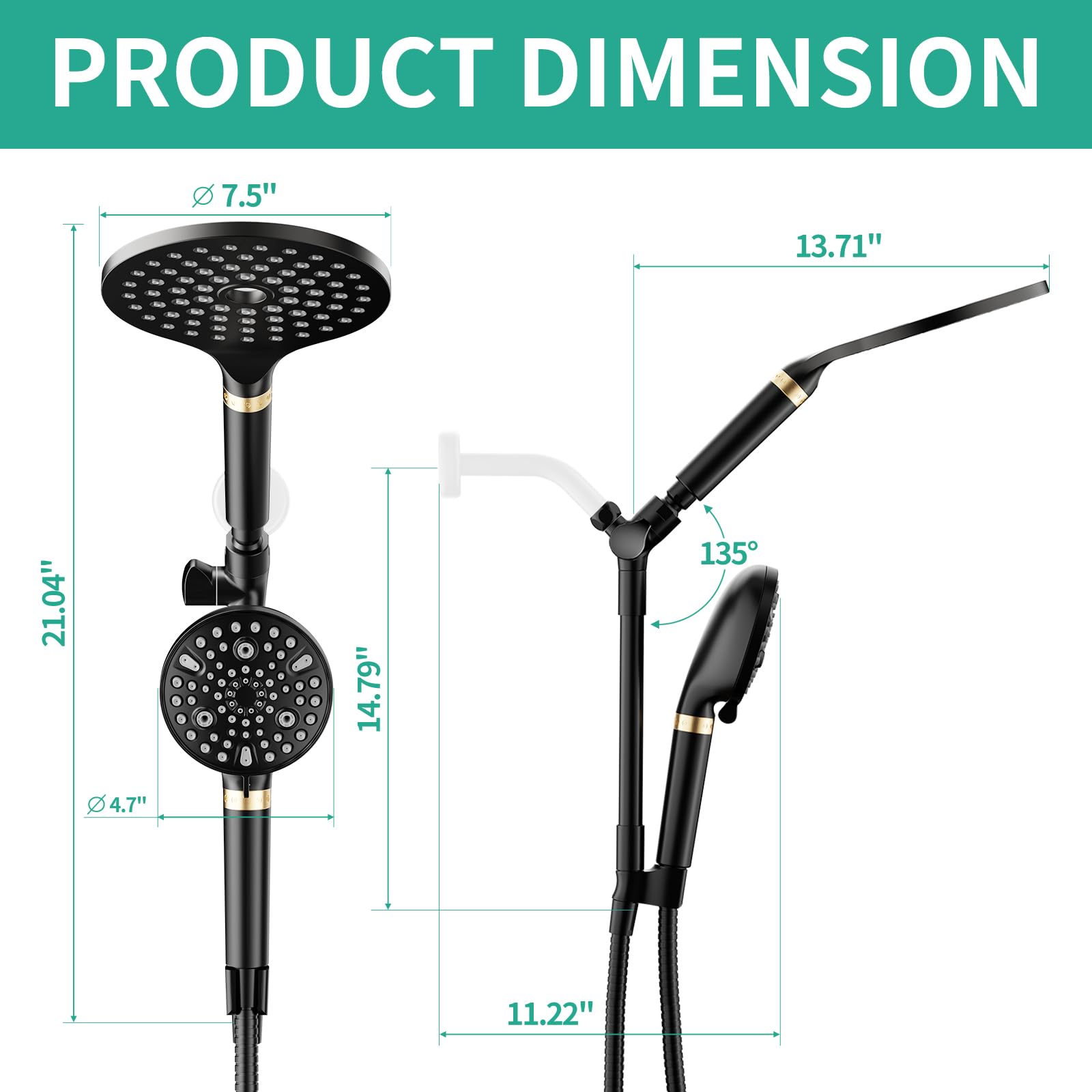 HEROBAI Filtered Rainfall Shower Head With Handheld Spray Combo – Dual High-Pressure Showerheads With Multi-Stage Filter, Adjustable Arm & 78.7-Inch Hose (Black)