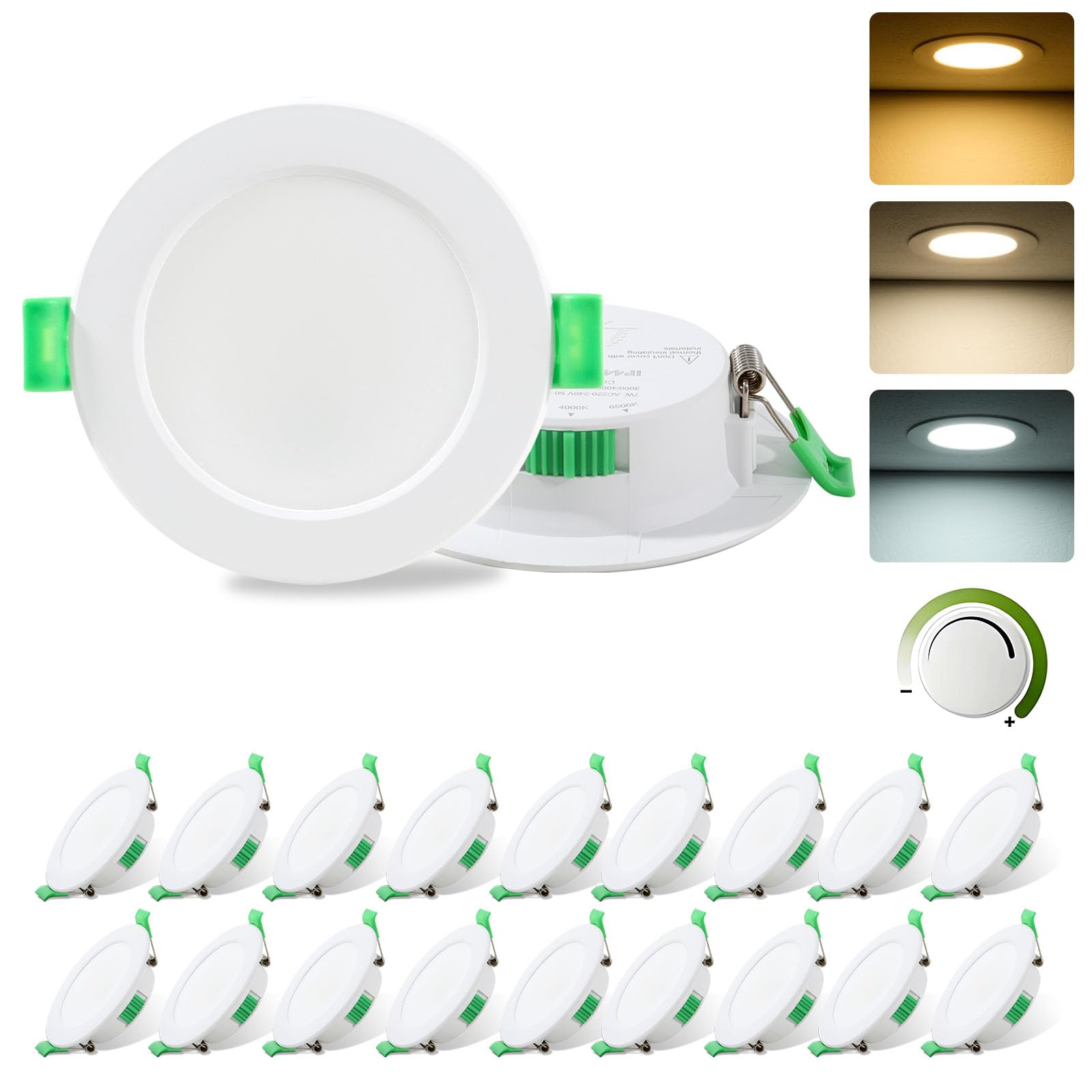 Fynokst LED Downlights for Ceiling Dimmable, 7W LED Downlights Ceiling Ultra Slim Cut Φ75-85MM, 3000K/4000K/6500K Adjustable IP44 Spot Light for Kitchen, Bathroom, Living Room, Round 20 Pack