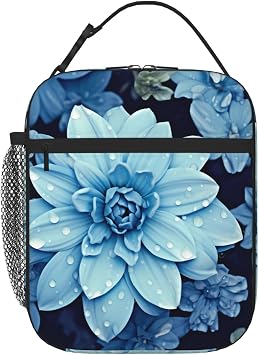 KHiry Insulated Lunch Bag Lunch Box for Women Blue Flower Lunch Box with Side Pocket Durable Reusable Lunch Tote bag