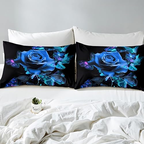 Miniatura 5 de Juego de funda de edredón con diseño de rosas azules, diseño de flores de mariposa degradado de galaxia, para niños, niñas, mujeres, parejas,