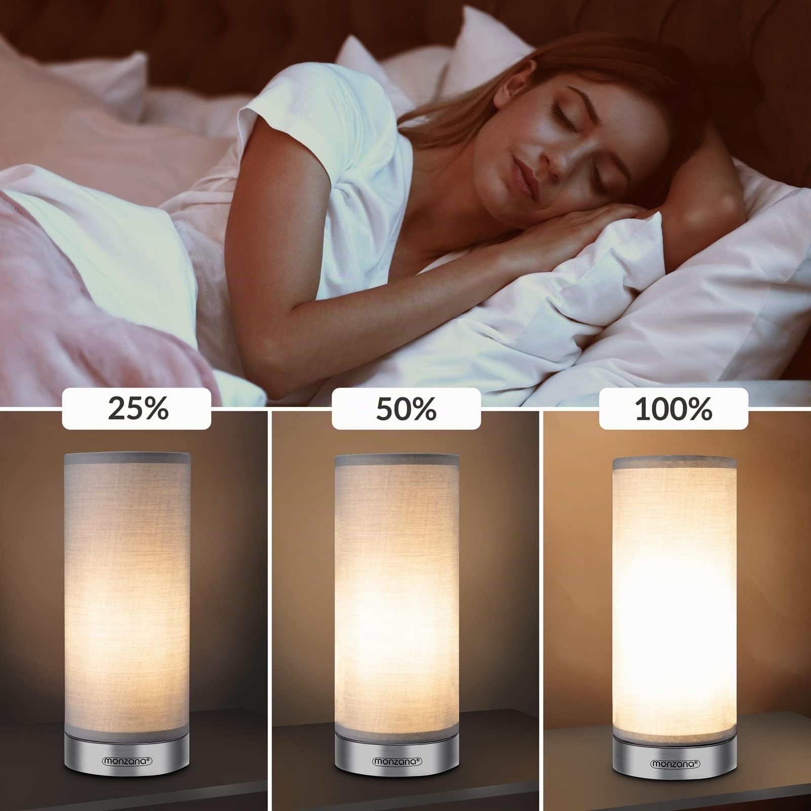 Monzana 2x Lámparas de Mesita de Noche LED Táctil Dormitorio Escritorio E14 Atenuable Níquel Satinado Gris